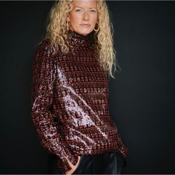 Zara Top M Sequin High Collar Mock Neck Long Sleeve Slit Cuff Party - Picture 14 of 15